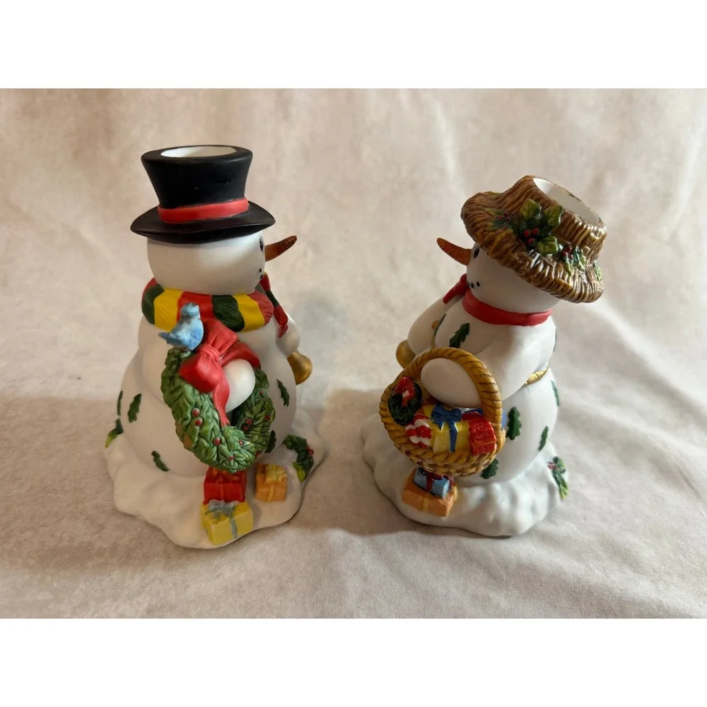 PartyLite Snowbell Snowman & Snowlady Christmas Candle Holders Ceramic Figurines